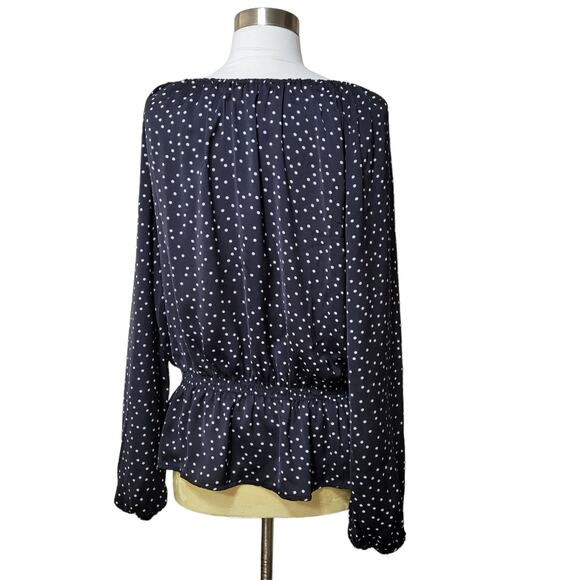 Ellen Tracy Women's Black Polka Dot Smocked Waist Blouse Top Scoop Neck Large - Picture 3 of 10